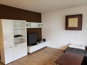 a living room with a television and a white cabinet at FeWo,zentral,ruhig und 30 Minuten nach München in Pfaffenhofen an der Ilm +16 photos