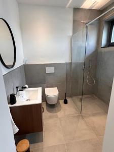 un bagno con doccia, WC e lavandino di Ferienwohnung Kunterbunt a Messkirch