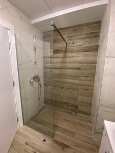 a bathroom with a shower with a glass door at SARA Apartment EAST GATE LIVING in Skopje