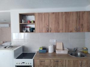 a kitchen with wooden cabinets and a sink at HiT apartmani Pačir2&3 in Pačir