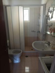 a bathroom with a shower and a toilet and a sink at Athanasia's Apartments in Nerátza
