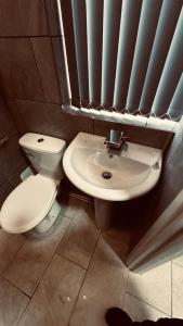 un baño con inodoro y lavabo en South Yorkshire House, en Mexborough