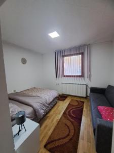a small bedroom with a bed and a couch at Tara Bozic Apartmani in Kaludjerske Bare