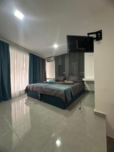 a bedroom with a bed and a flat screen tv at BLuxury apartments in Kumanovo
