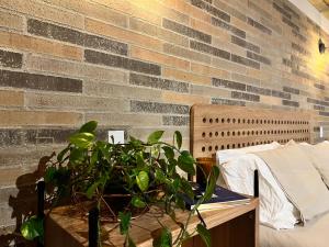 a plant on a table next to a brick wall at Autenthico Sajonia Hotel Aeropuerto in Rionegro