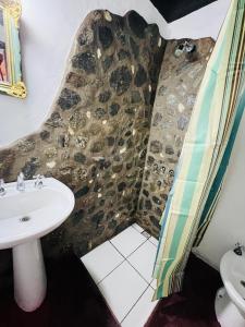 un baño con lavabo y ducha en Cabañas La Felicidad, en Merlo