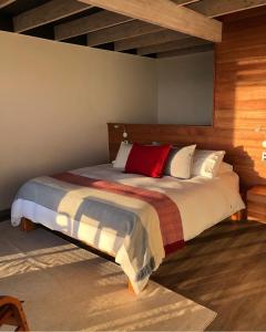 a bedroom with a large bed with a red pillow at CASA NEGRA SANTO DOMINGO in Santo Domingo