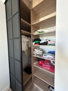 a walk in closet with wood paneling at great apartment in Madrid complex in Kirovo