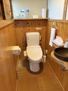 Tomo城跡石垣上の絶景古民家宿 鞆城茶屋庵的带马桶和水槽的小浴室