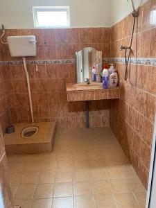 a tiled bathroom with a sink and a mirror at NZ Homestay in Melaka