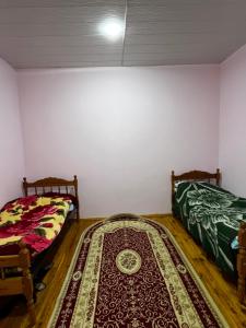 Habitación con 2 camas y alfombra en el suelo en House in the Riverside, en İsmayıllı