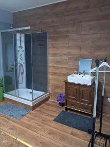 een badkamer met een douche en een wastafel en een douche bij Cottage Room- Agroturystyka in Strzegowo-Osada