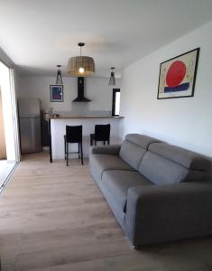 een woonkamer met een bank en een keuken bij T2 MARINE Le LAVANDOU in Le Lavandou