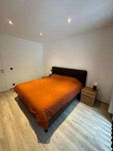 ein orangefarbenes Bett in einem Zimmer mit Holzboden in der Unterkunft Grand duplex de standing in Floreffe