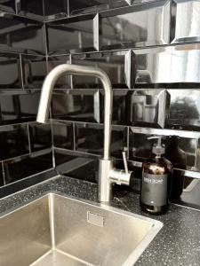 a bottle of soap sitting next to a kitchen sink at Stylish City Centre Studio - Grand Central House in Gibraltar