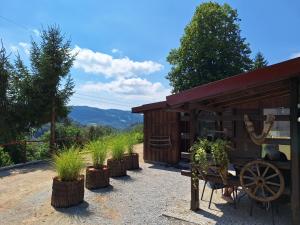 a barn with a cart and potted plants in front of it at Štibelc FRIDA in Izlake