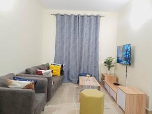a living room with a couch and a tv at Logic Stays 2 Bedroom Arusha City Centre in Arusha +7 photos