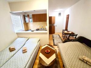 a small room with two beds and a kitchen at Banjski cvet in Vrnjačka Banja