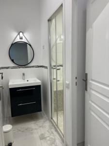 a bathroom with a sink and a mirror at Aquitain Home chambre studio appartement Gare Saint Jean in Bordeaux
