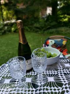 a table with glasses and a bottle of wine and a bowl of grapes at Staruszka Chata in Sidzina
