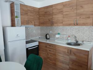 a kitchen with a sink and a white refrigerator at Apartman Delevi in Strumica +6 photos