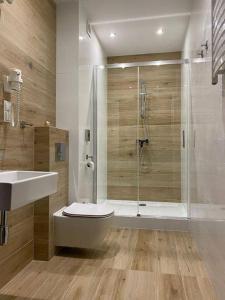 a bathroom with a shower and a toilet and a sink at Hotel i Gospoda Pod Kamieniem in Lipnica Murowana