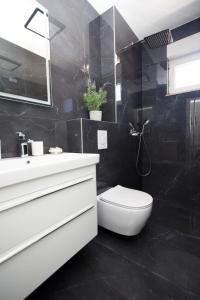 La salle de bains noire est pourvue de toilettes et d'un lavabo. dans l'établissement Top5, à Baška Voda