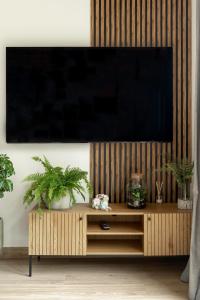 a living room with a television on a wooden entertainment center at Okno na Beskidy in Maków Podhalański