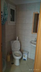 a small bathroom with a toilet and a sink at El Doro Rooms in Dhërmi
