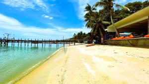 a beach with palm trees and the water at Rockstar Beach Apartments in Bang Rak Beach