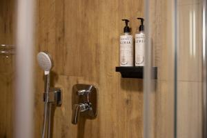 two white shampoo bottles on a wall next to a microphone at Apartmán Manuel in Horní Planá +44 photos