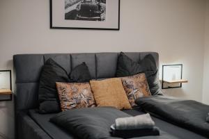 パッサウにあるCityHeart Appartement - Stadt Mitte - Stilvollのリビングルーム(枕付きの革張りのソファ付)