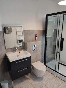a bathroom with a sink and a toilet and a shower at La pergola in Valros