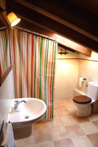 y baño con lavabo, aseo y cortina de ducha. en Abadia de Cal Bessó, en Alberola