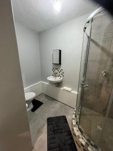 ein Badezimmer mit Dusche, Toilette und Waschbecken in der Unterkunft Aalwynsig in Springbok