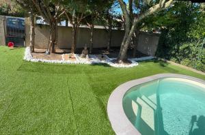 a backyard with a swimming pool in a yard at CARCASSONNE Studio avec Jacuzzi y piscina in Carcassonne +21 photos