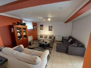 a living room with a couch and a table at Skradin villa et studio in Dubravice