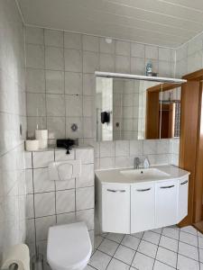 ワイマールにあるFerienapartment Weimar Altstadt 1の洗面台、トイレ、鏡のあるバスルーム
