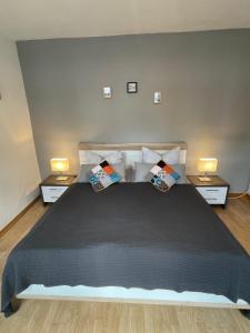 ワイマールにあるFerienapartment Weimar Altstadt 1のベッドルーム1室(両側にランプ2つ付) +1枚の写真