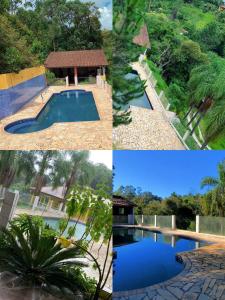 a collage of four pictures of a swimming pool at Chácara LM in São Roque