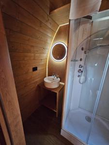 a small bathroom with a sink and a shower at Vicolungo Glamour Lodge & SPA - Free SPA Hot Tub e Sauna in Vicolungo