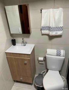 a bathroom with a toilet and a sink and a mirror at casa jardim Eliza in Foz do Iguaçu +24 photos