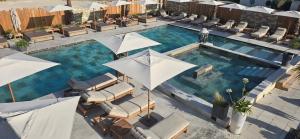 CoustelletLes Loges du Luberon的带椅子和遮阳伞的游泳池的俯视图