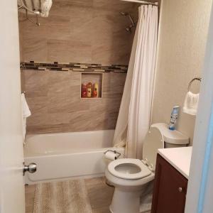 Un baño con inodoro, bañera y lavabo. en Cozy home Southside Jax, en Jacksonville