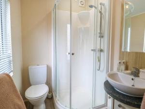 a bathroom with a shower and a toilet and a sink at 21 Norman Drive Lodge in Great Yarmouth