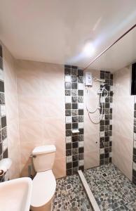 een badkamer met toilet, wastafel en douche bij Cozy Loft Near the Airport & Beach-Unit I in Puerto Princesa City