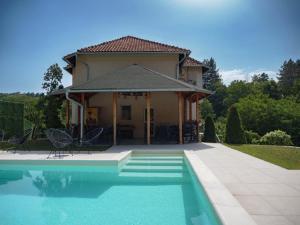 a house with a swimming pool in front of a house at Green Leaf in Rakovac