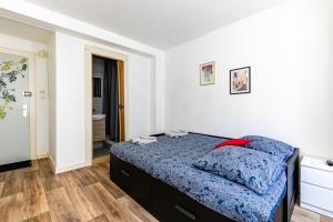une chambre avec un lit avec des draps bleus et des oreillers rouges dans l'établissement Studio Centre / Quartier krutneau, à Strasbourg