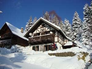 a log cabin in the snow with trees at Holiday Home Tone in Frajhajm +28 photos