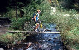 a man riding a bike on a bridge over a stream at Holiday Home Tone in Frajhajm